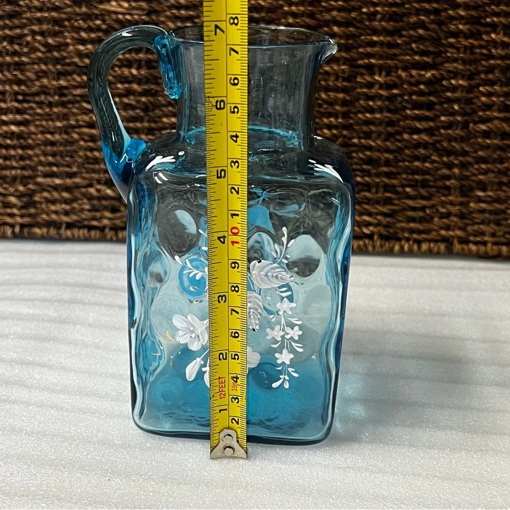 Vintage Victorian Blue Art Glass Enameled Hand-Painted Pitcher